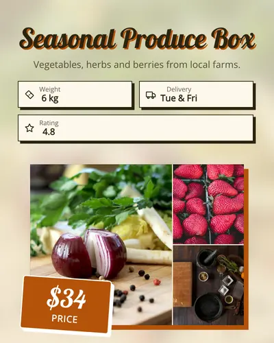 Card design backdrop-frame-01 in the retro mood — sample card “Seasonal Produce Box”