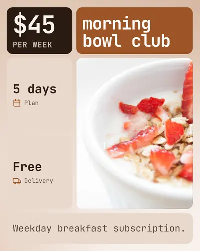 Card design bento-grid-01 in the tech mood — sample card “Morning Bowl Club”