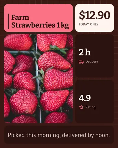 Card design bento-grid-03 in the editorial mood — sample card “Farm Strawberries 1 kg”