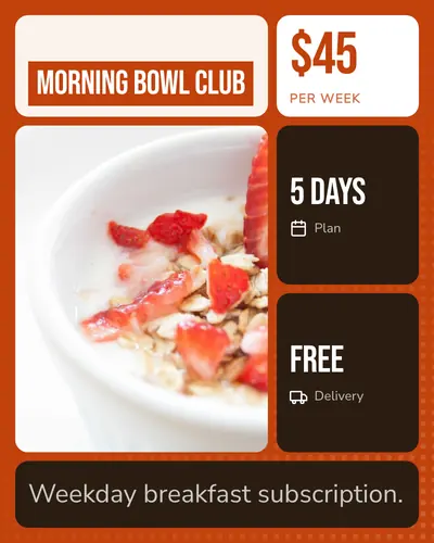 Card design bento-grid-06 in the bold mood — sample card “Morning Bowl Club”