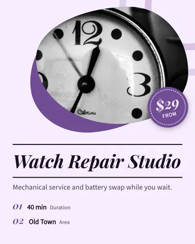 Card design blob-mask-02 in the premium mood — sample card “Watch Repair Studio”