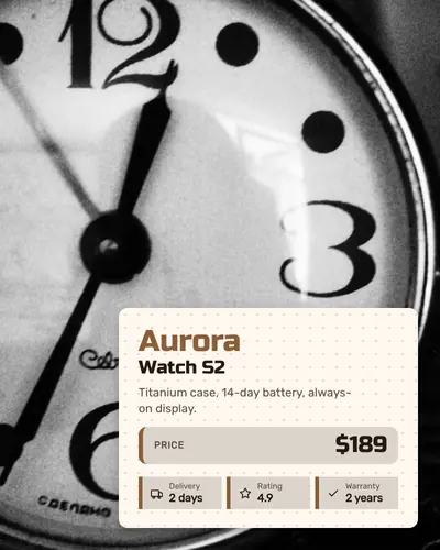 Card design caption-card-03 in the tech mood — sample card “Aurora Watch S2”