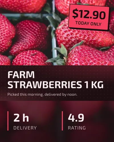 Card design center-band-01 in the tech mood — sample card “Farm Strawberries 1 kg”