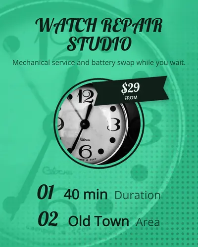 Card design center-medallion-03 in the retro mood — sample card “Watch Repair Studio”
