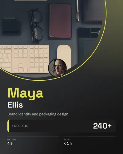 Card design circle-cut-04 in the tech mood — sample card “Maya Ellis”