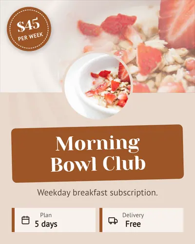 Card design circular-avatar-dominant-01 in the retro mood — sample card “Morning Bowl Club”