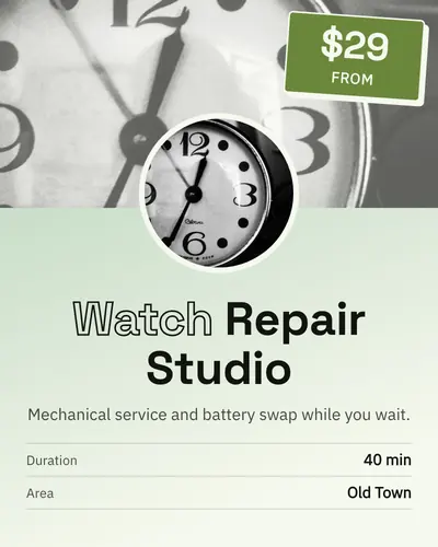 Card design circular-avatar-dominant-02 in the tech mood — sample card “Watch Repair Studio”