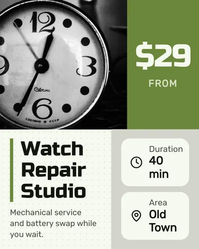 Card design color-blocks-03 in the tech mood — sample card “Watch Repair Studio”