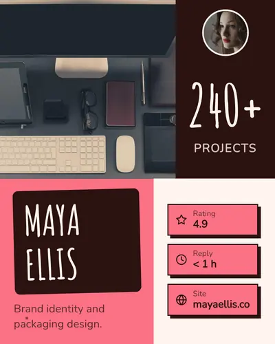 Card design color-blocks-06 in the playful mood — sample card “Maya Ellis”
