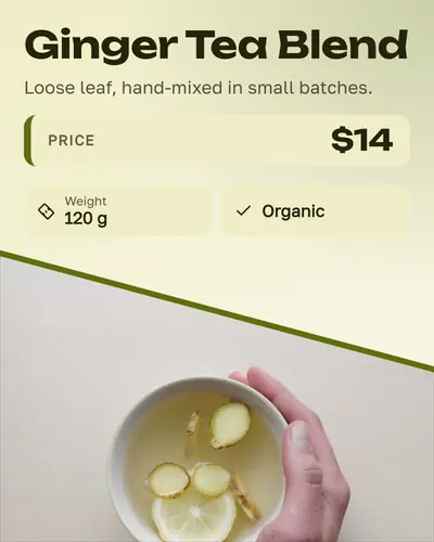 Card design diagonal-split-01 in the modern mood — sample card “Ginger Tea Blend”