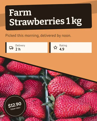 Card design diagonal-split-03 in the retro mood — sample card “Farm Strawberries 1 kg”