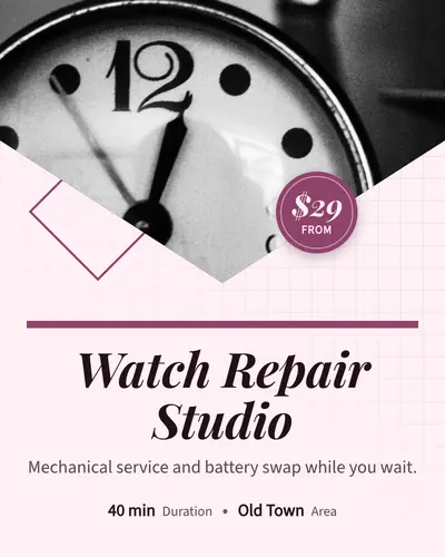 Card design diamond-edge-02 in the editorial mood — sample card “Watch Repair Studio”