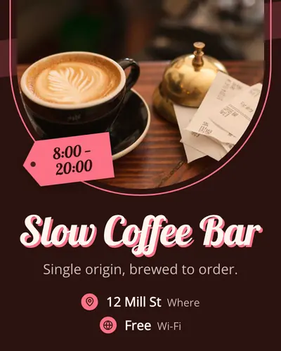 Card design dome-rise-01 in the retro mood — sample card “Slow Coffee Bar”