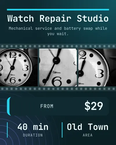 Card design filmstrip-01 in the tech mood — sample card “Watch Repair Studio”