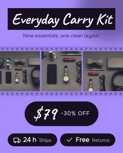 Card design filmstrip-03 in the playful mood — sample card “Everyday Carry Kit”