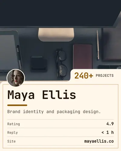 Card design folder-tab-03 in the minimal mood — sample card “Maya Ellis”
