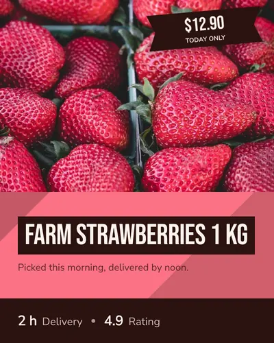 Card design footer-bar-03 in the bold mood — sample card “Farm Strawberries 1 kg”