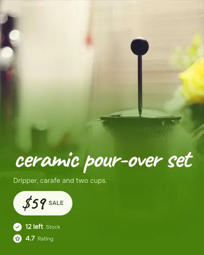 Card design full-bleed-bottom-panel-01 in the playful mood — sample card “Ceramic Pour-Over Set”