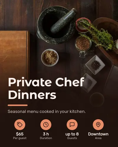 Card design full-bleed-bottom-panel-02 in the modern mood — sample card “Private Chef Dinners”