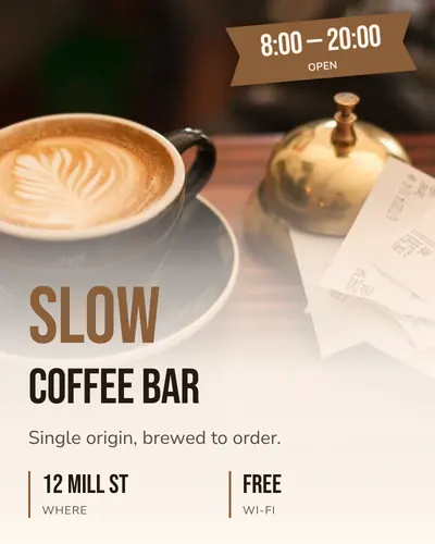 Card design full-bleed-bottom-panel-03 in the bold mood — sample card “Slow Coffee Bar”