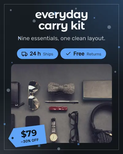 Card design gallery-mat-01 in the playful mood — sample card “Everyday Carry Kit”