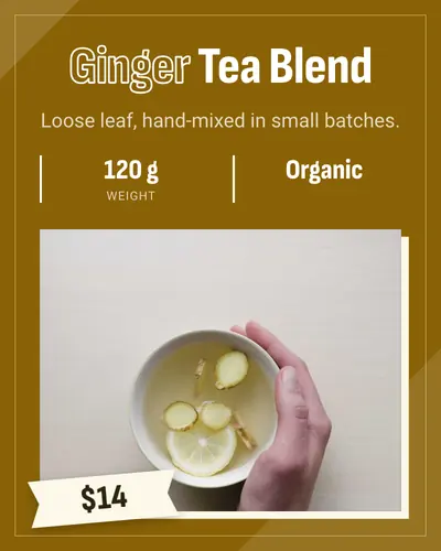 Card design gallery-mat-03 in the bold mood — sample card “Ginger Tea Blend”