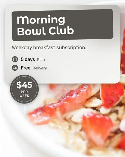 Card design glass-panel-01 in the playful mood — sample card “Morning Bowl Club”