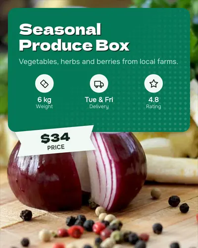 Card design glass-panel-03 in the bold mood — sample card “Seasonal Produce Box”