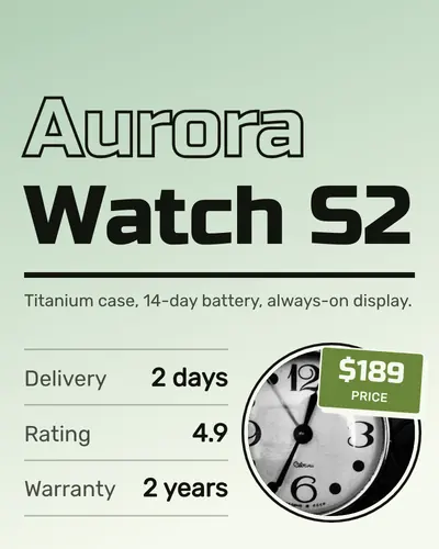 Card design headline-poster-03 in the tech mood — sample card “Aurora Watch S2”