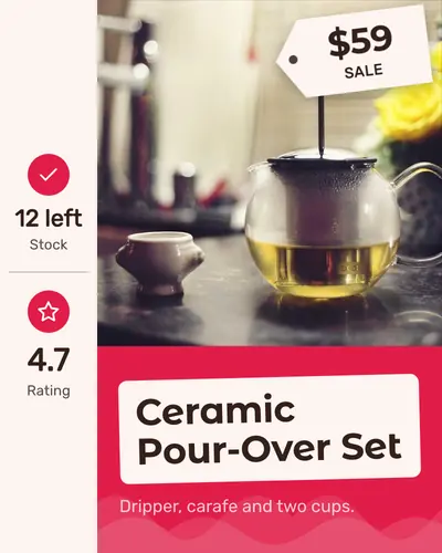 Card design left-rail-05 in the playful mood — sample card “Ceramic Pour-Over Set”