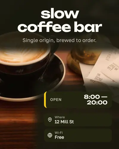 Card design magazine-cover-01 in the modern mood — sample card “Slow Coffee Bar”