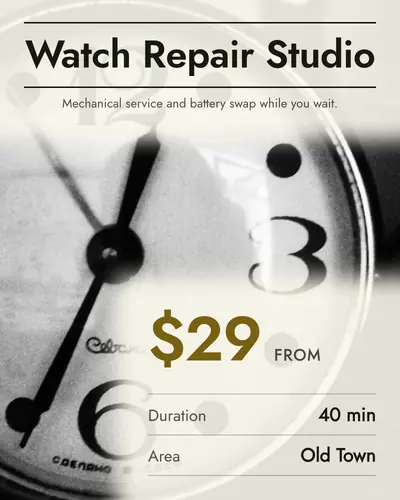 Card design magazine-cover-03 in the minimal mood — sample card “Watch Repair Studio”