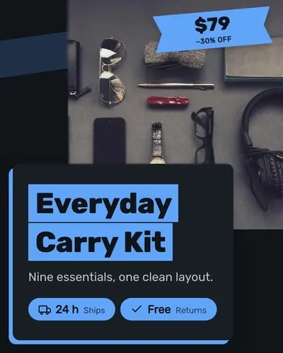 Card design overlap-card-01 in the bold mood — sample card “Everyday Carry Kit”