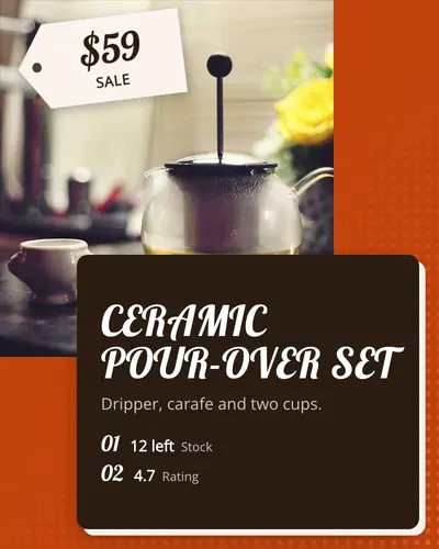 Card design overlap-card-03 in the retro mood — sample card “Ceramic Pour-Over Set”