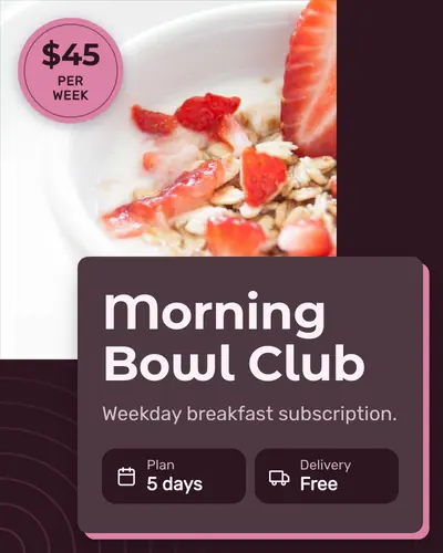 Card design overlap-card-06 in the modern mood — sample card “Morning Bowl Club”