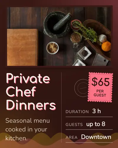 Card design postcard-01 in the playful mood — sample card “Private Chef Dinners”