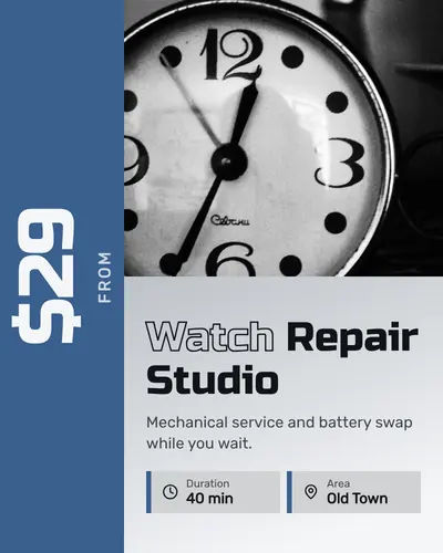 Card design price-rail-03 in the tech mood — sample card “Watch Repair Studio”