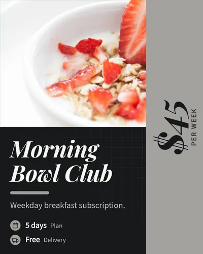 Card design price-rail-05 in the editorial mood — sample card “Morning Bowl Club”
