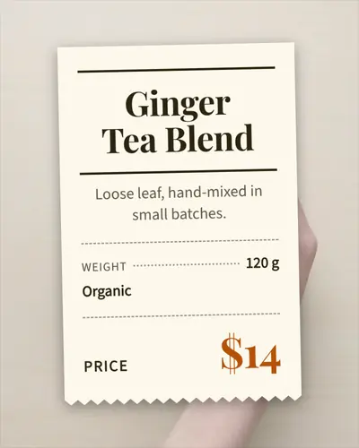 Card design receipt-01 in the editorial mood — sample card “Ginger Tea Blend”