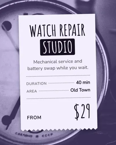 Card design receipt-02 in the playful mood — sample card “Watch Repair Studio”