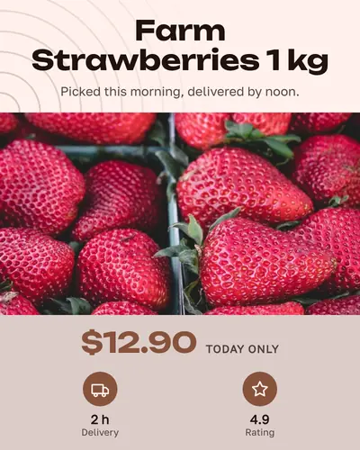 Card design sandwich-03 in the modern mood — sample card “Farm Strawberries 1 kg”