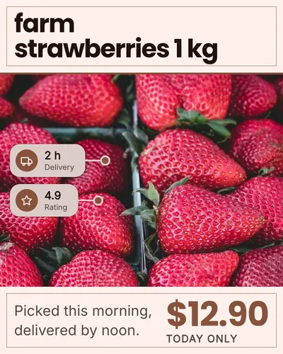 Card design side-callouts-03 in the minimal mood — sample card “Farm Strawberries 1 kg”