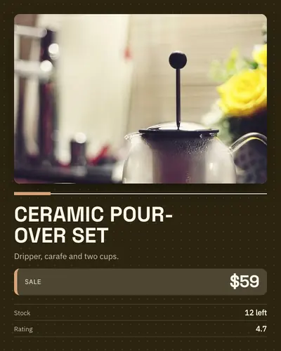 Card design spec-sheet-02 in the tech mood — sample card “Ceramic Pour-Over Set”