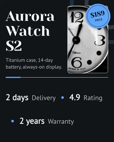 Card design spec-sheet-03 in the premium mood — sample card “Aurora Watch S2”