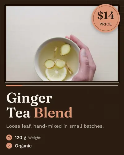 Card design spec-sheet-04 in the editorial mood — sample card “Ginger Tea Blend”
