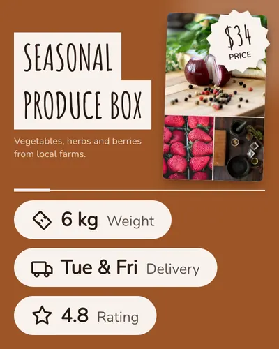Card design spec-sheet-05 in the playful mood — sample card “Seasonal Produce Box”
