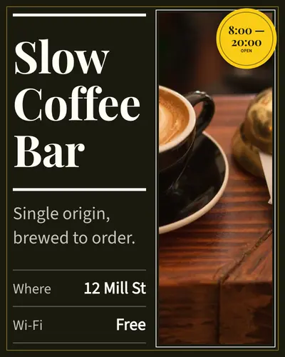 Card design split-hero-01 in the editorial mood — sample card “Slow Coffee Bar”