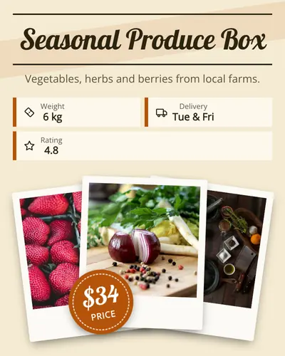 Card design stacked-polaroids-01 in the retro mood — sample card “Seasonal Produce Box”