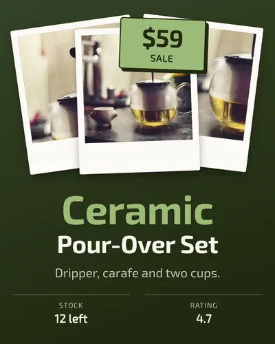 Card design stacked-polaroids-02 in the tech mood — sample card “Ceramic Pour-Over Set”
