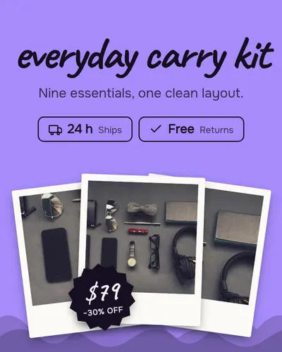 Card design stacked-polaroids-03 in the playful mood — sample card “Everyday Carry Kit”
